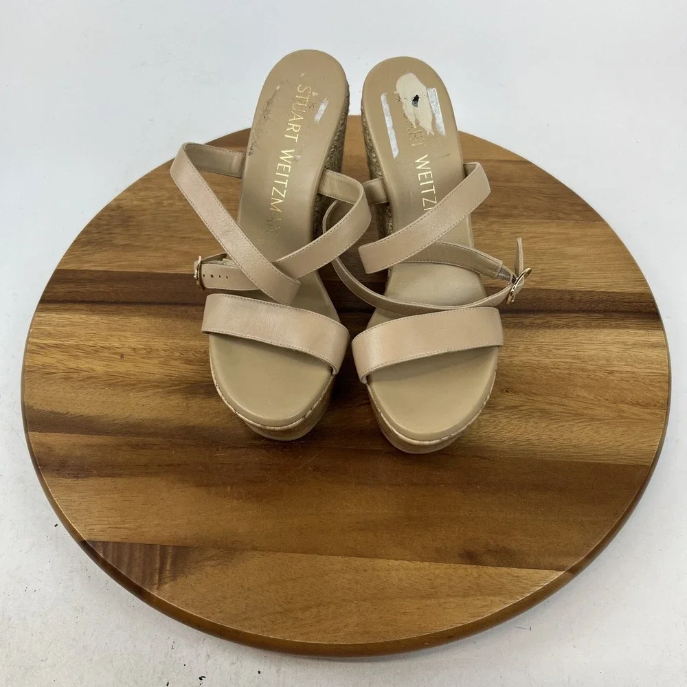 New Womens Stuart Weitzman 5050 Beige Leather Raffia Platform Wedge Sandals Sz 9